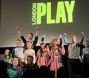 Markfield children, Ian Mccarthy and Dom Wicks on London PLay awards stage